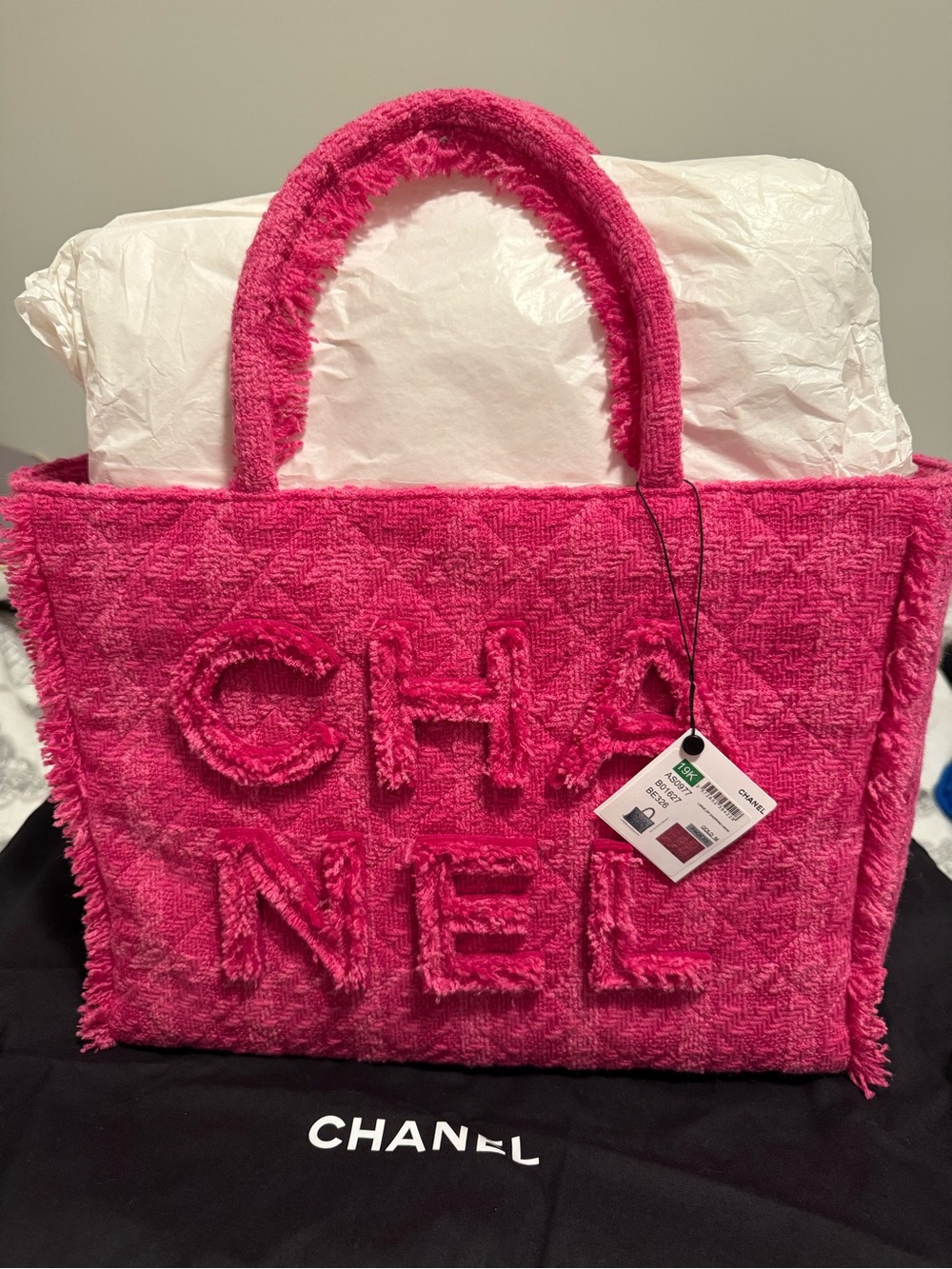 CHANEL Hot Pink Tweed Giant Logo Tote